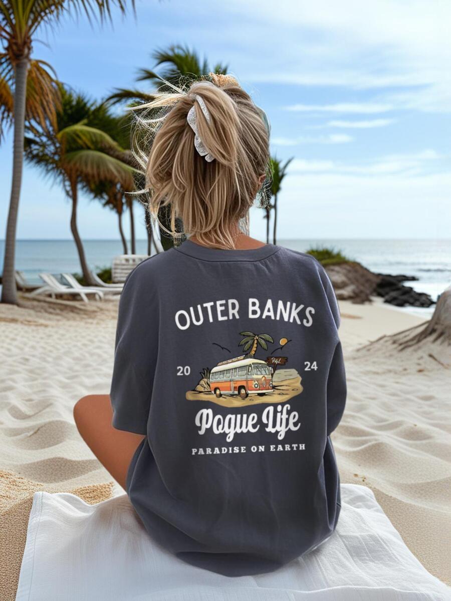 Camiseta de manga corta con cuello redondo y estampado casual para niñas, adecuada para el verano y el uso estudiantil y infantil - Camiseta con estilo artístico de la serie "Autobús de la vida", que inspira la imaginación y la autoexpresión