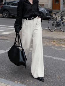 SMILE CHIC 2026春夏新款女士灰白褶皱宽松直筒裤，显瘦拉长，适合休闲、工作、通勤等场合。 - 灰色 - 查看 2