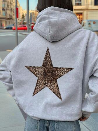 1pc Casual Leopard Star Print Thermal Lined Hoodie, Suitable For Girls And Tween Girl, Essential For Students In Autumn/Winter, Designed For Dreamers Chasing The Starlight, Long Sleeve Thick Design