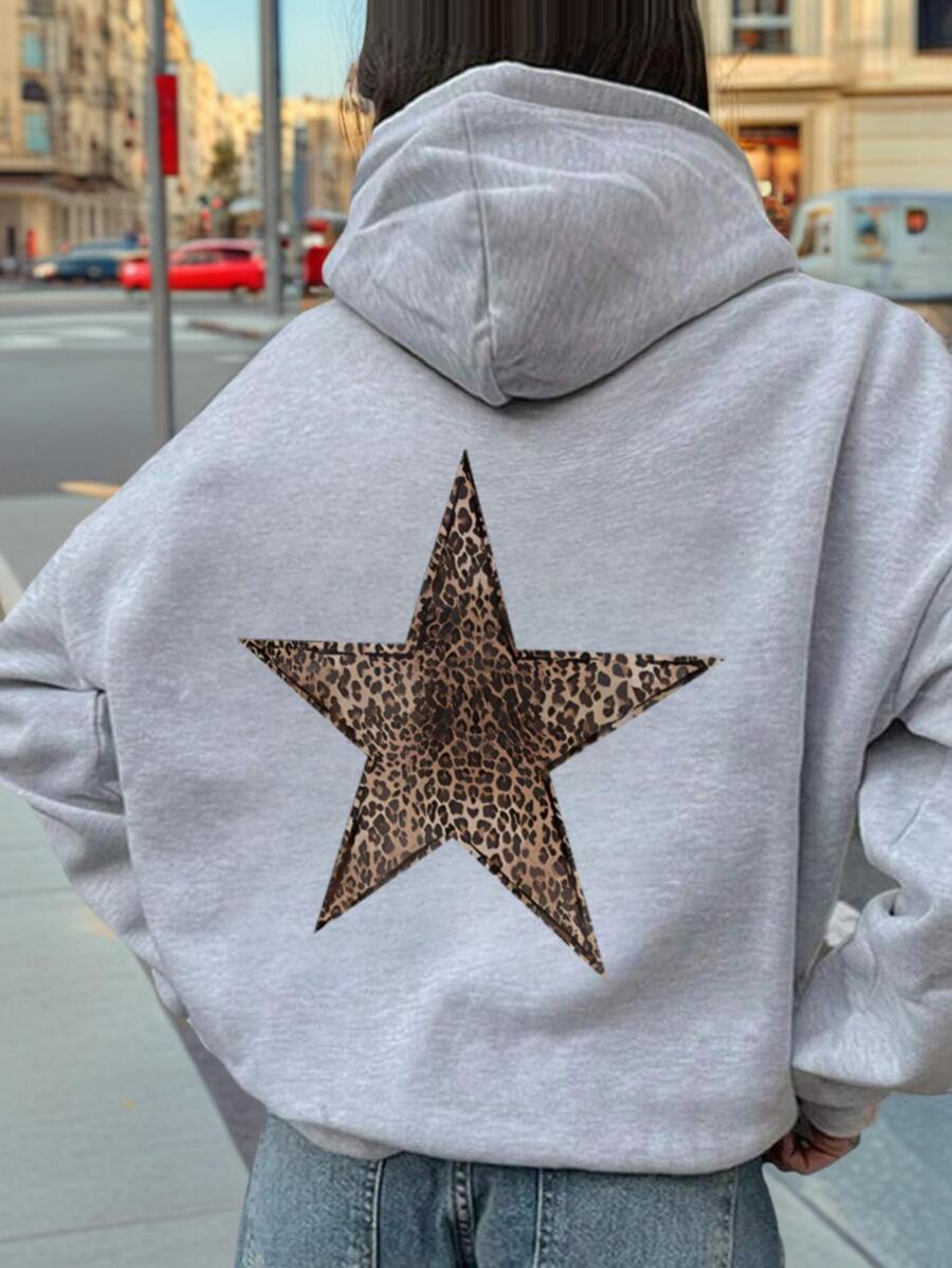 1pc Casual Leopard Star Print Thermal Lined Hoodie, Suitable For Girls And Tween Girl, Essential For Students In Autumn/Winter, Designed For Dreamers Chasing The Starlight, Long Sleeve Thick Design