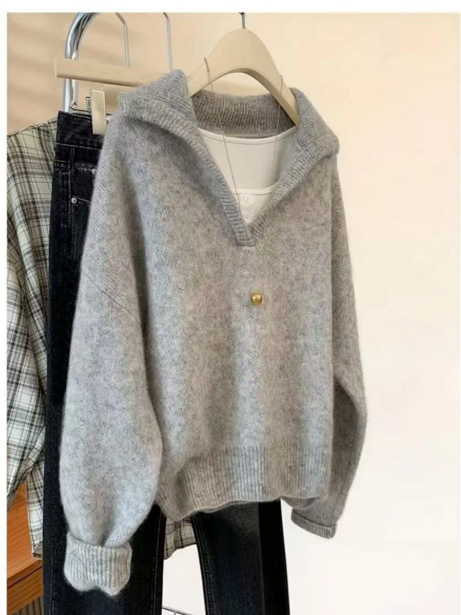 New Women's Solid Color Half-Open Cairo Knit Collar Long Sleeve Sweater, Casual Autumn/Winter. Loose & Comfortable Long Sleeve Sweater