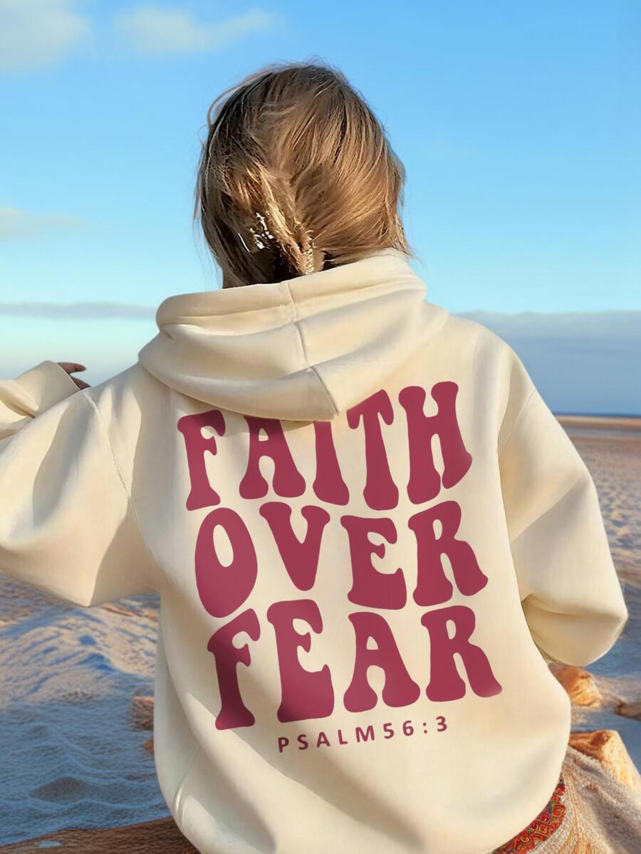 1pc Tween Girl Casual Printed Pullover Sweatshirt, Thermal Lined, Long Sleeve, Autumn/Winter - Designed For The Adventurous Young Spirit, With The Message "Faith Conquers Fear" - Apricot - View 1