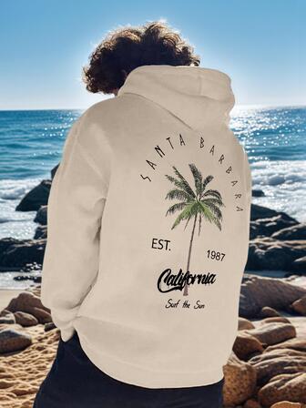 1 件适合青少年男孩的休闲连帽衫，椰子树印花套头衫，秋冬季厚保暖衬里，适合活跃的孩子