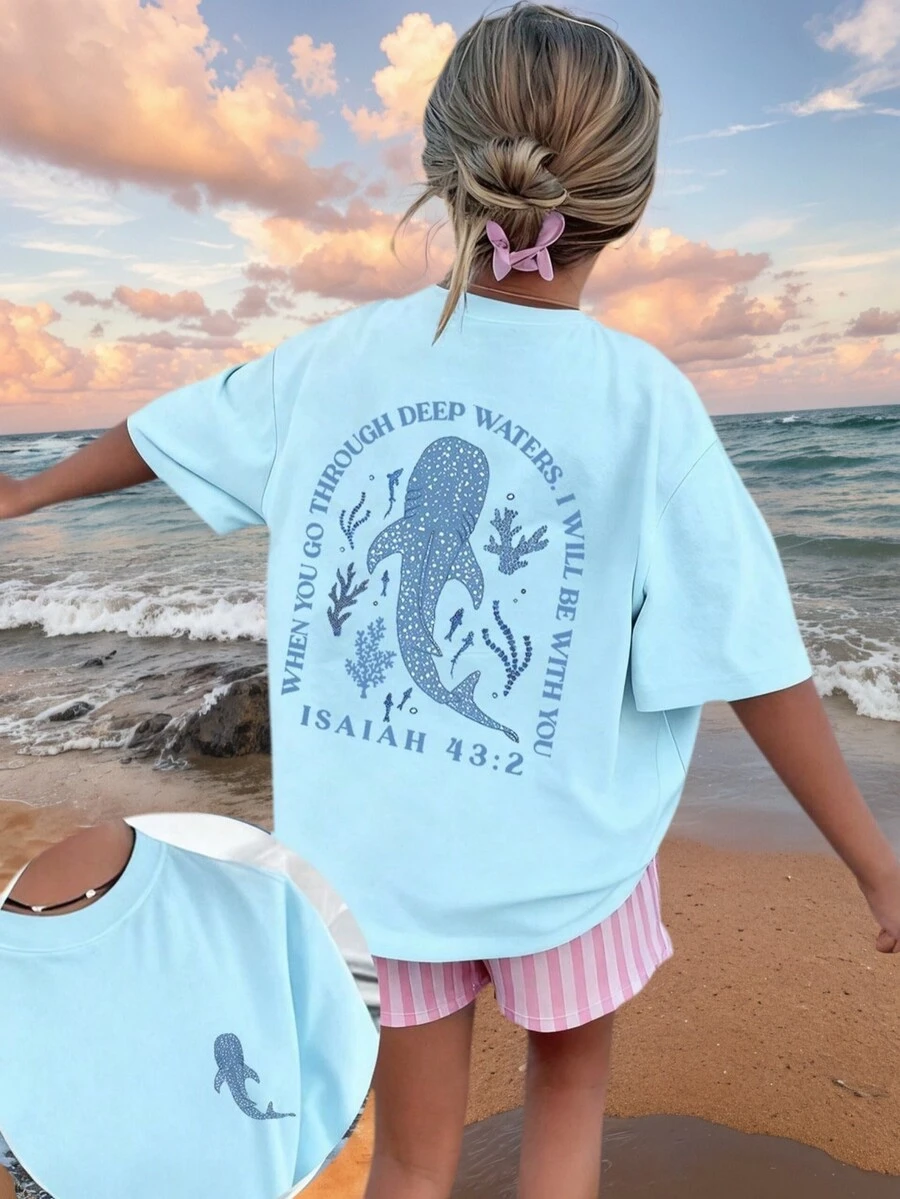 1 件 Tween Girls 海豚和热带印花灰色短袖 T 恤，学生年轻 Tween 女孩穿，舒适时尚夏季上衣 - 淺藍色 - 查看 1