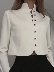 Áo kiểu nữ dáng crop top phong cách Trung Hoa mới, cổ đứng, cài nút, tay dài, màu trơn thanh lịch, dáng ôm, màu trắng - trắng - Xem 1