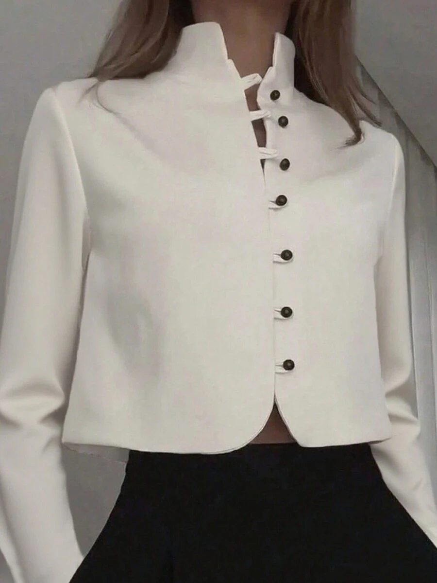 Áo kiểu nữ dáng crop top phong cách Trung Hoa mới, cổ đứng, cài nút, tay dài, màu trơn thanh lịch, dáng ôm, màu trắng - trắng - Xem 1