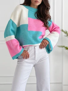 Women's Round Neck Patchwork Casual Minimalist Knit Sweater, Suitable For Spring And Autumn - Multicolor - View 5