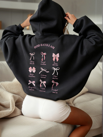 Damvinterhuvtröja med långärmad dragsko och rosett, slogan och grafik, lediga, lösa och mångsidiga toppar i semesterstil, moderiktiga vinterkläder för kvinnor lämpliga för vardagsbruk