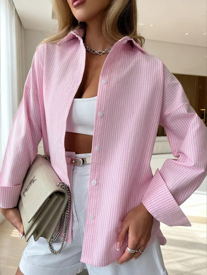 女士秋季服装，时尚休闲条纹纽扣翻领涤纶长袖衬衫，优雅女士派对衬衫，适合春秋季居家、日常及通勤穿着。