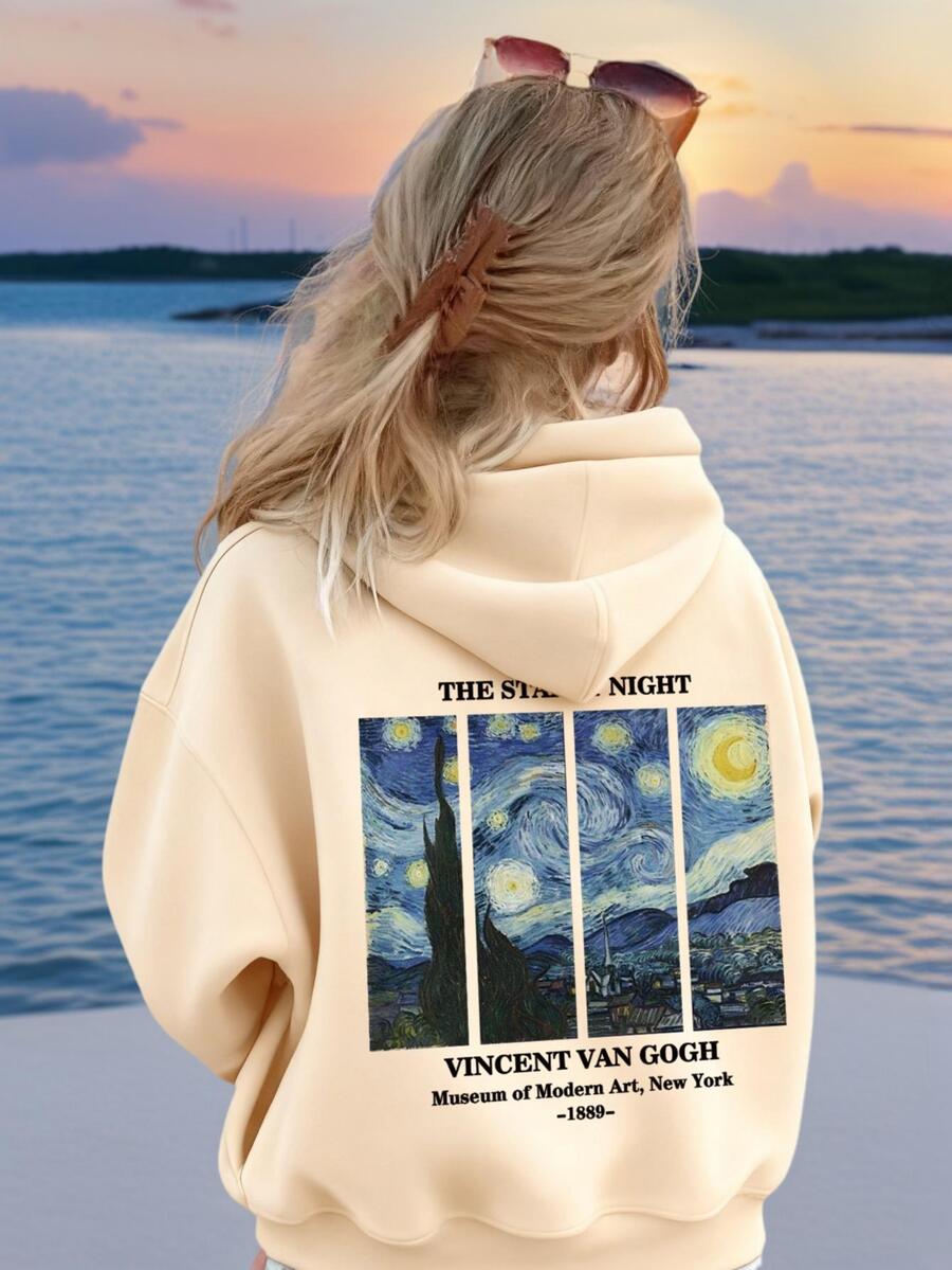 1 hanorac casual cu imprimeu pentru fete preadolescente, hanorac cu mânecă lungă și căptușeală termică, toamnă/iarnă, student - Hanorac Space Universe conceput pentru visătorii care urmăresc stelele