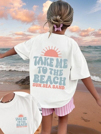 1pc Girls Printed Pullover White Short Sleeve T-Shirt, Student Young Casual Wear, Suitable For Beach Play