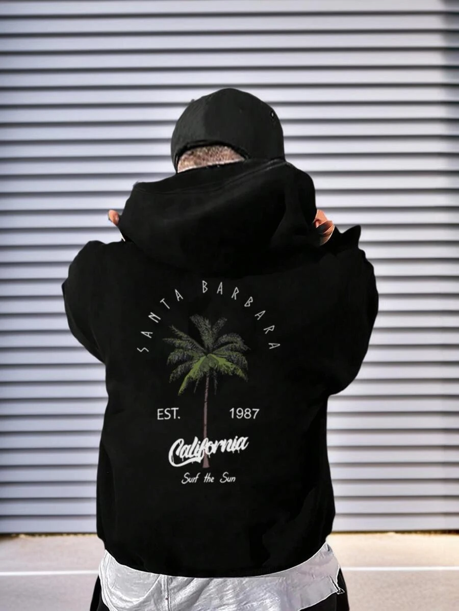 1 件男童休闲印花连帽运动衫，温暖厚实套头衫，适合户外玩耍，秋冬季 - 黑色 - 查看 1