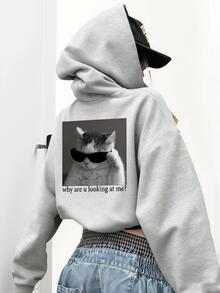 1件少女休闲印花套头卫衣，保暖内衬，长袖，秋冬季 - 趣味多彩的卫衣，激发孩子们的想象力 - 灰色 - 查看 1