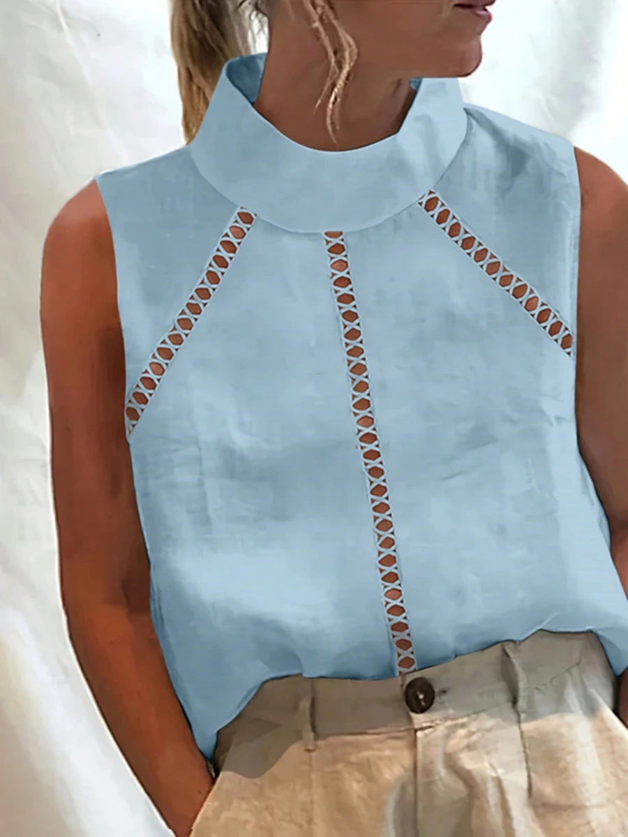 Damen Bluse mit hohem Kragen, ärmellos, einfarbig, locker geschnitten mit Spitzenbesatz, Lässig Sommer - Blau - Übersicht 1