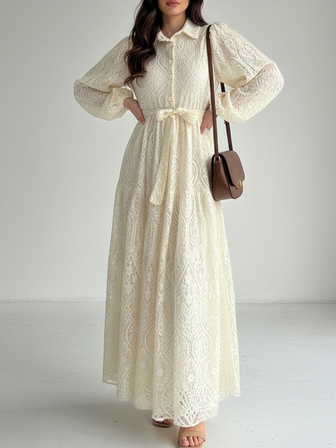 新款欧美穆斯林开斋节长袍复古服装女士特色连衣裙蕾丝翻领长袍大摆时尚优雅女士开斋节连衣裙古钱连衣裙