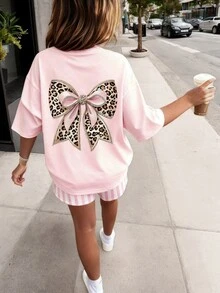 1pc Tween Girls Leopard Print Bow Graphic Short Sleeve T-Shirt - Pink - View 1