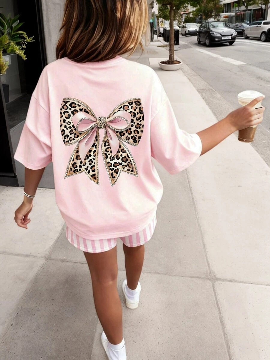 1pc Tween Girls Leopard Print Bow Graphic Short Sleeve T-Shirt - Pink - View 1