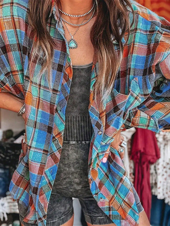 女式冬季2025长袖秋季休闲领橙色格子印花宽松复古衬衫