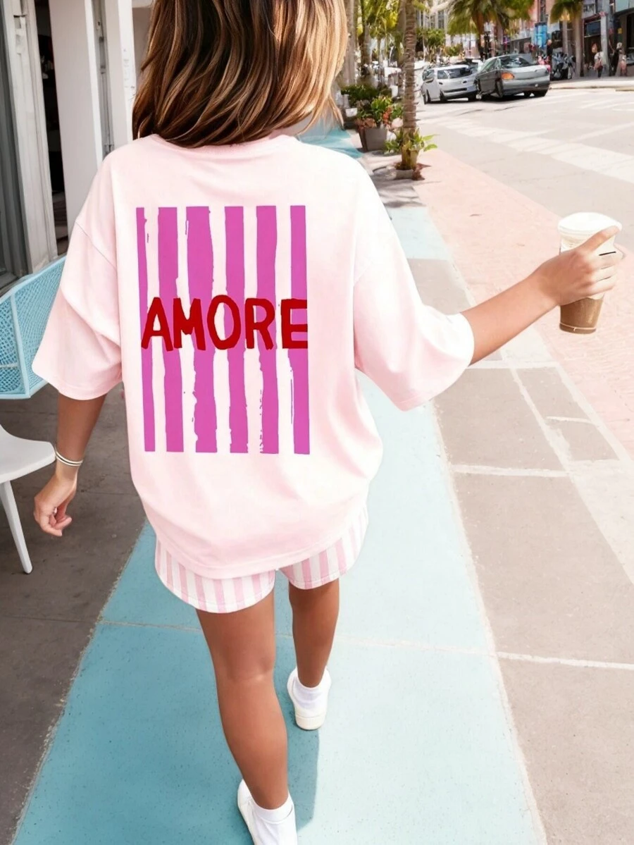T-shirt à manches courtes imprimé pour préadolescentes, tenue décontractée pour étudiantes et jeunes filles, Top d'été pour filles prêtes à jouer - Rose bonbon - Voir 1