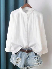LuminousWealth 女士优雅长袖纽扣衬衫 - 无弹力，经典领型，四季皆宜，日常时尚，适合新年、节日、派对等场合，白色春季款 - 白色 - 查看 1