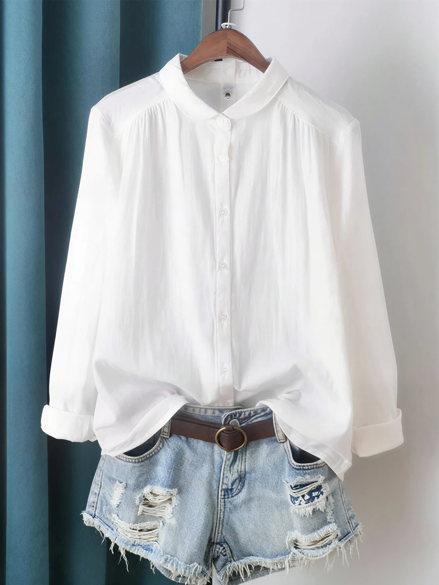 LuminousWealth 女士优雅长袖纽扣衬衫 - 无弹力，经典领型，四季皆宜，日常时尚，适合新年、节日、派对等场合，白色春季款 - 白色 - 查看 1