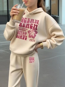 2 件 Tween Girl 印花保暖内衬连帽衫套装，秋冬季温暖长袖运动衫和裤子，柔软舒适的儿童连帽衫，展现他们的个性化 - 杏色 - 查看 1