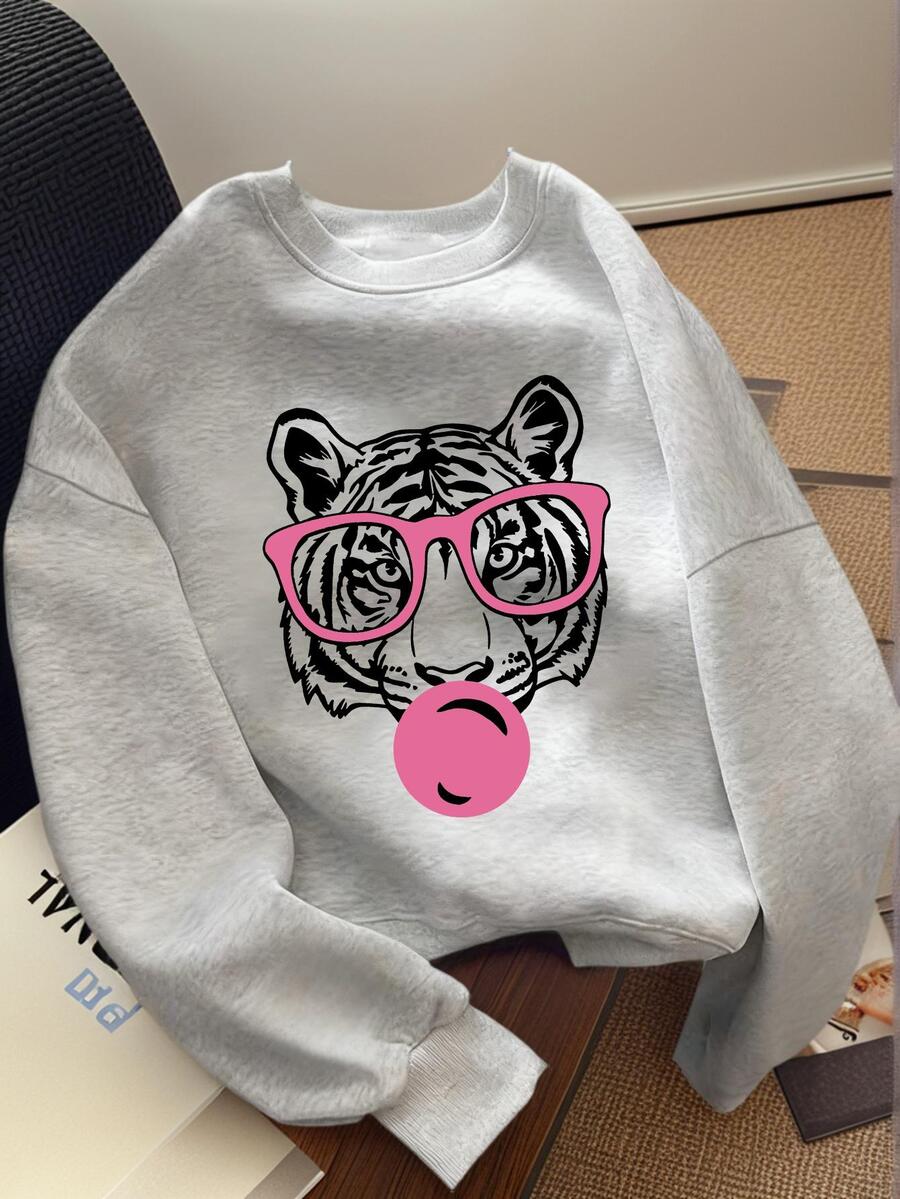 Áo nỉ cổ tròn in hình họa tiết phong cách thường ngày cho bé gái tuổi teen, chất liệu dày dặn, tay dài, thích hợp cho mùa thu/đông - Áo nỉ in hình hổ với gọng kính, dành cho người yêu động vật. - Xám - Xem 1