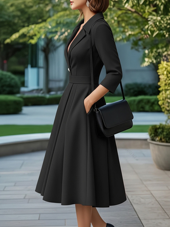 法式时尚深V领优雅淑女连衣裙百搭欧美衬衫领显瘦学院风中长款红色女士休闲职场连衣裙