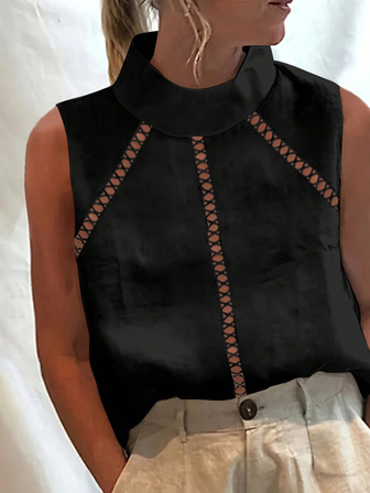 女士纯色上衣高领无袖镂空蕾丝宽松衬衫