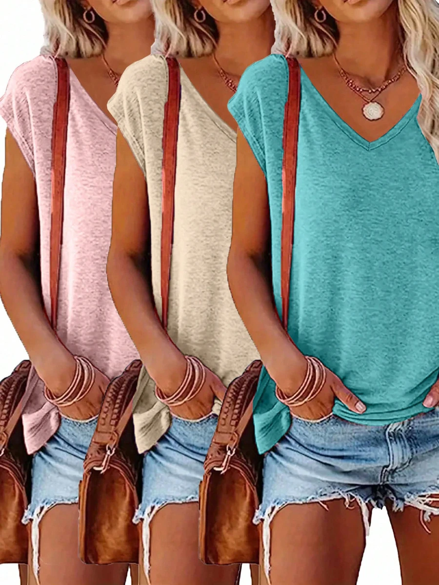 3pcs Solid V-Neck T-Shirts, Casual Short Sleeve Tees, Women Spring/Summer