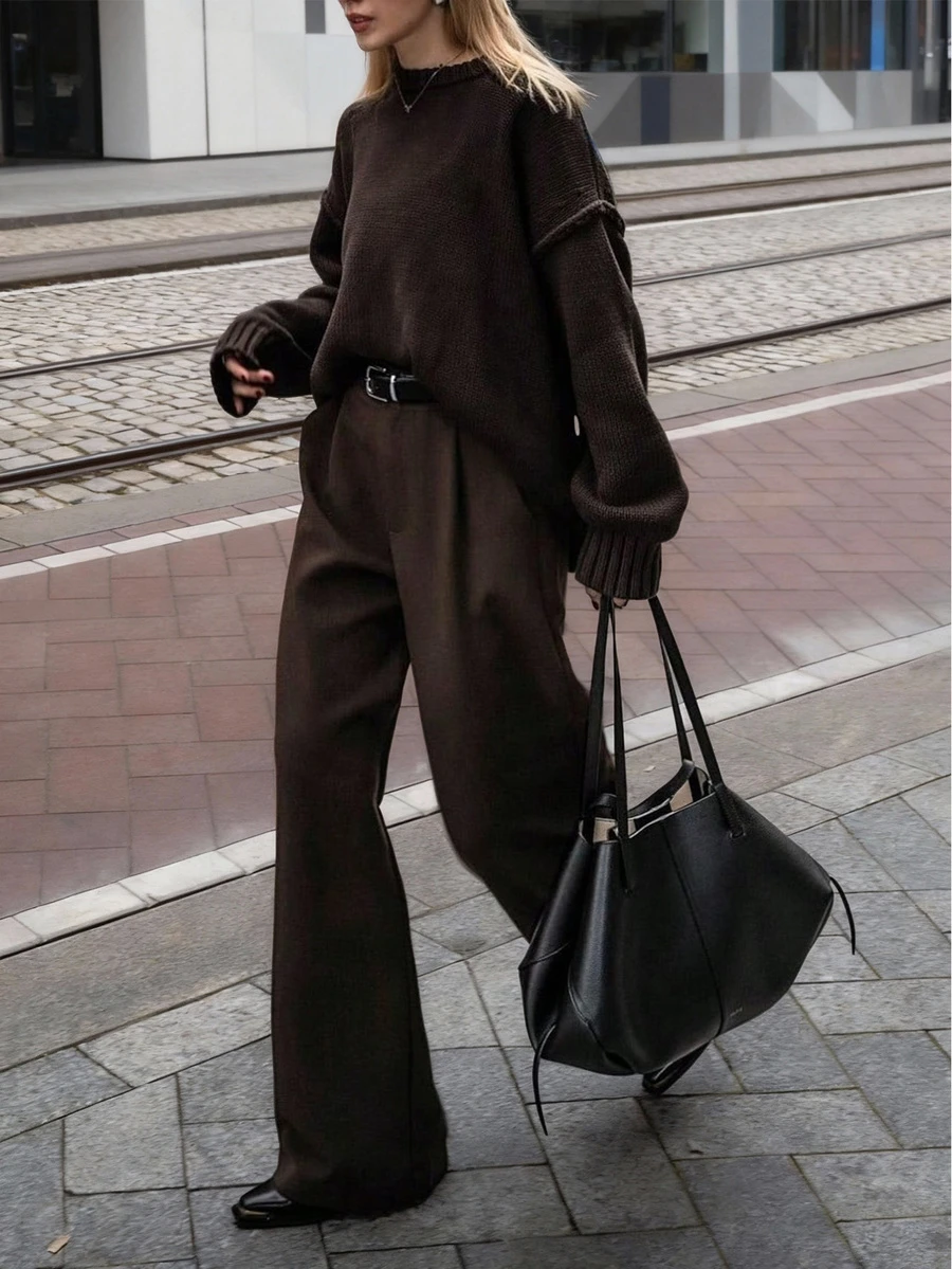 SMILE CHIC 复古风高腰棕色女式长裤，宽松显瘦，适合工作通勤和日常穿着，秋冬季款 - 棕 - 查看 1