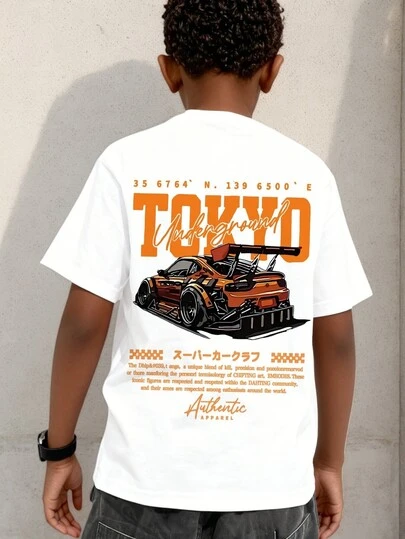 一件汽车印花短袖T恤，适合青少年男孩/年轻学生，夏季上衣