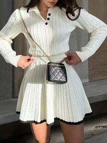 Bộ đồ dệt kim 2 món: Áo polo tay dài cổ tròn màu trơn cổ điển + Chân váy ngắn bo gân phối màu tương phản, thời trang và thanh lịch, phù hợp cho mùa thu/đông, phong cách đường phố, trang phục giáo viên, cũng thích hợp cho mùa đông, Lễ Tạ ơn, mùa thu, tựu trường, tiệc tùng, Giáng sinh và Năm mới. - trắng - Xem 1