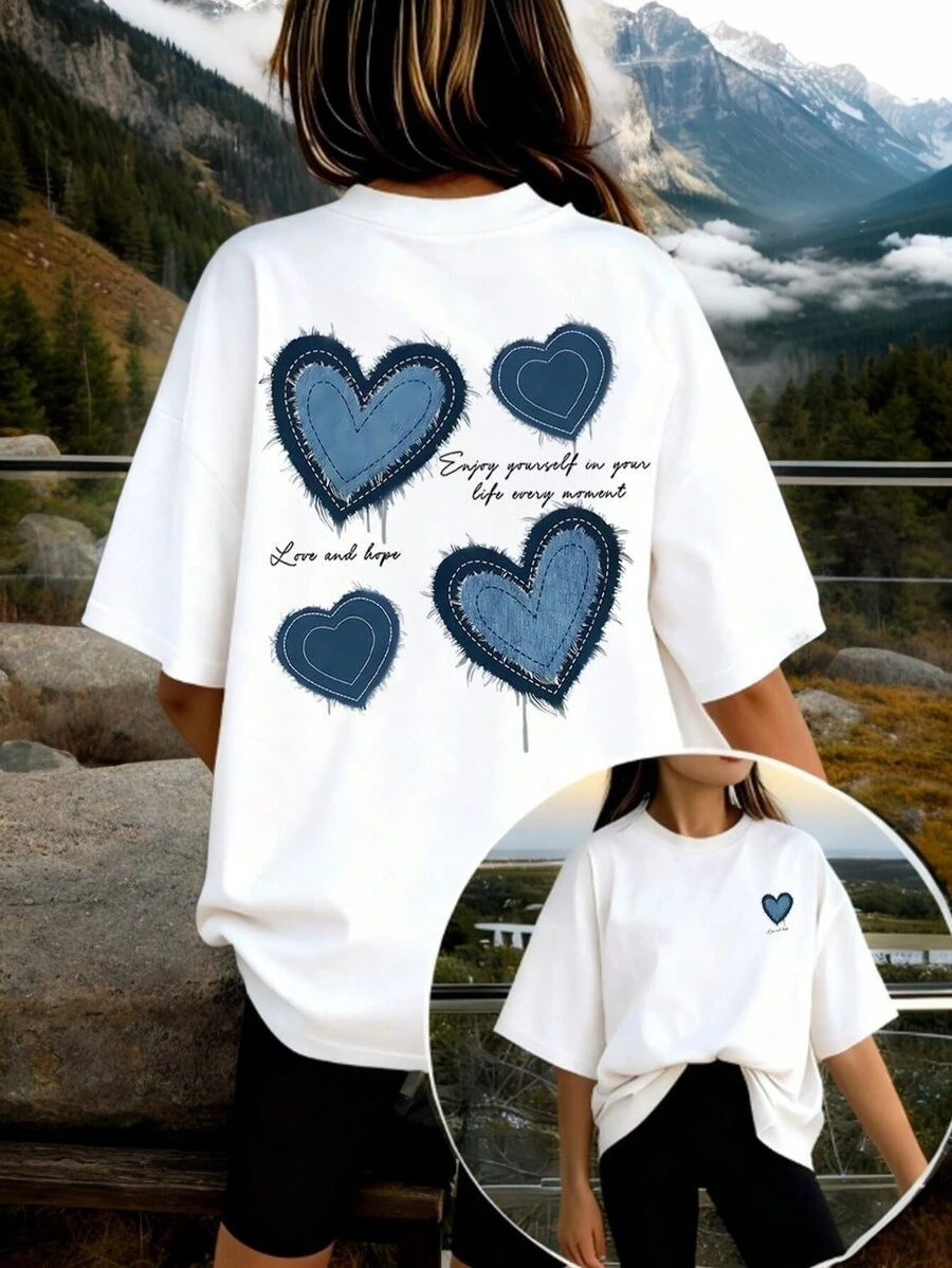 1件少女爱心印花短袖T恤，舒适时尚的夏季上衣，适合年轻学生