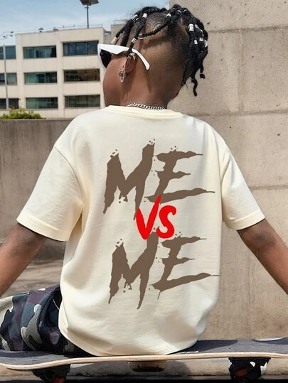 1pc Tween Boy Me Vs Me Positive Energy Slogan Print Short Sleeve T-Shirt, Young Student Clothing Suitable For Boys In Summer