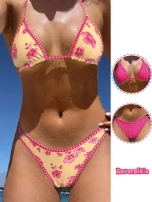 女士印花比基尼沙滩套装，夏季度假泳装及沙滩装 - 彩色 - 查看 4