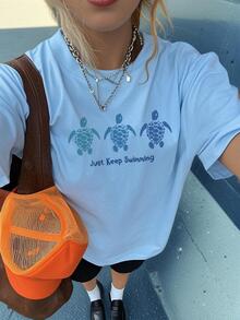 1 件女孩休闲海龟图案印花圆领短袖 T 恤，夏季学生年轻儿童时尚 - 富有想象力和自我表达的海龟艺术品设计