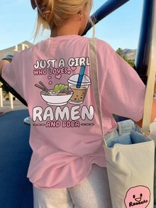 情人节女童休闲印花圆领短袖T恤,可爱珍珠奶茶面条图案T恤,夏季女童上衣 - 粉色 - 查看 2