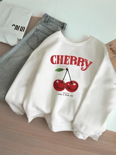 סווטשירט סטודנטיאלי עם צווארון עגול והדפס דובדבן, סווטשירט עבה וארוך עם שרוולים לבנות, סתיו/חורף