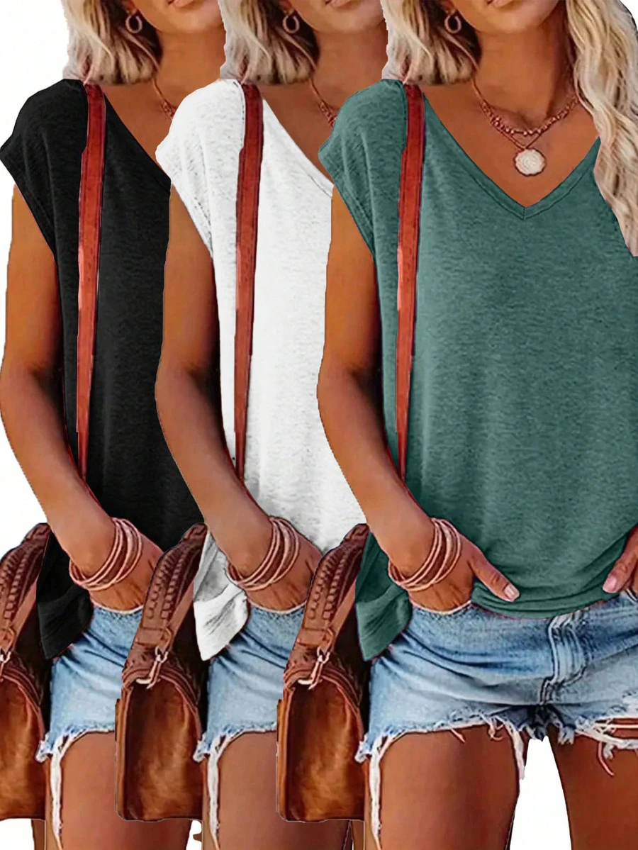 3pcs Pack Plain V-Neck Casual Short Sleeve T-Shirts, Women Spring/Summer