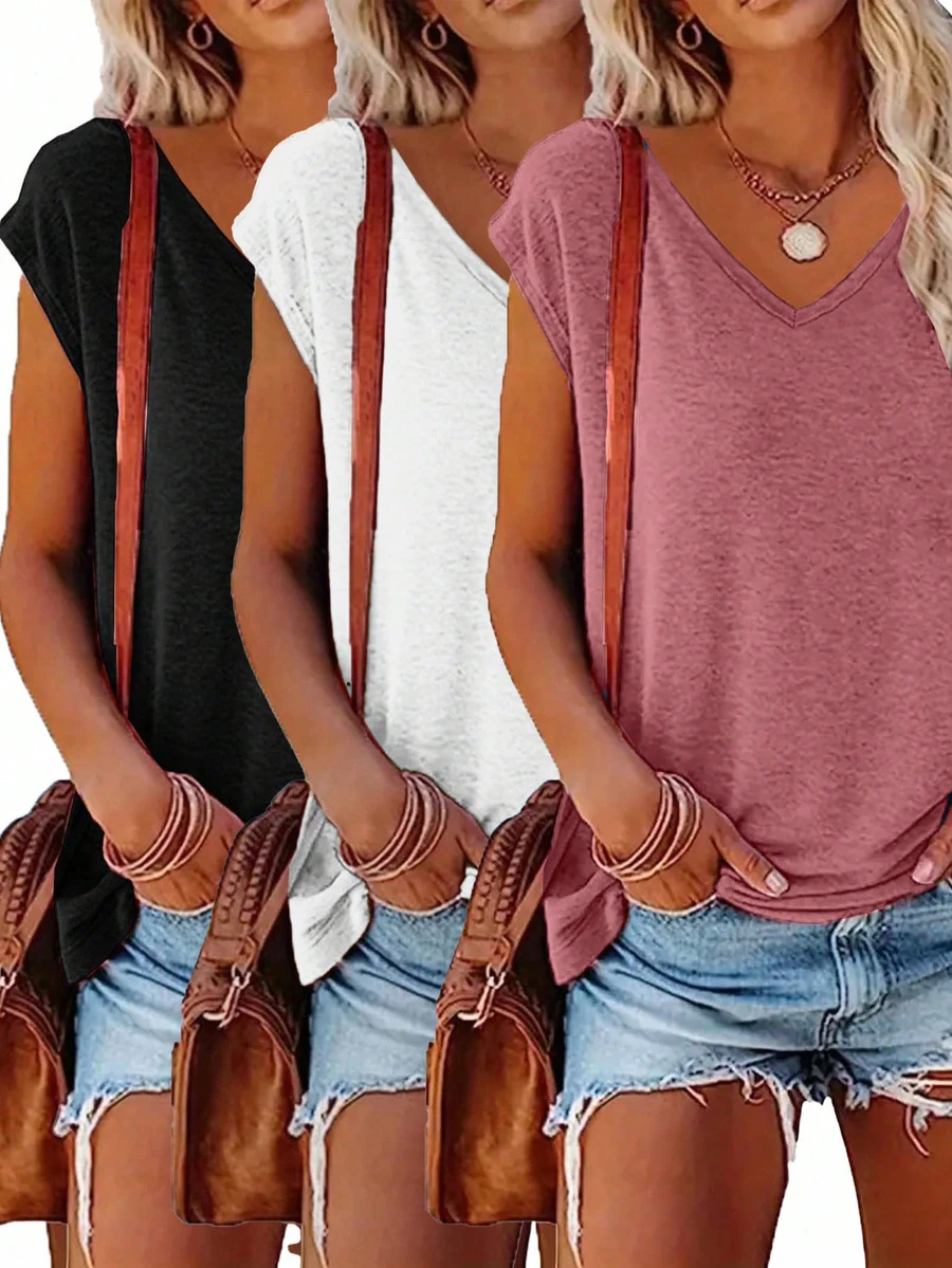 3pcs Solid Color V-Neck T-Shirts, Casual Short Sleeve Tees For Women, Spring/Summer