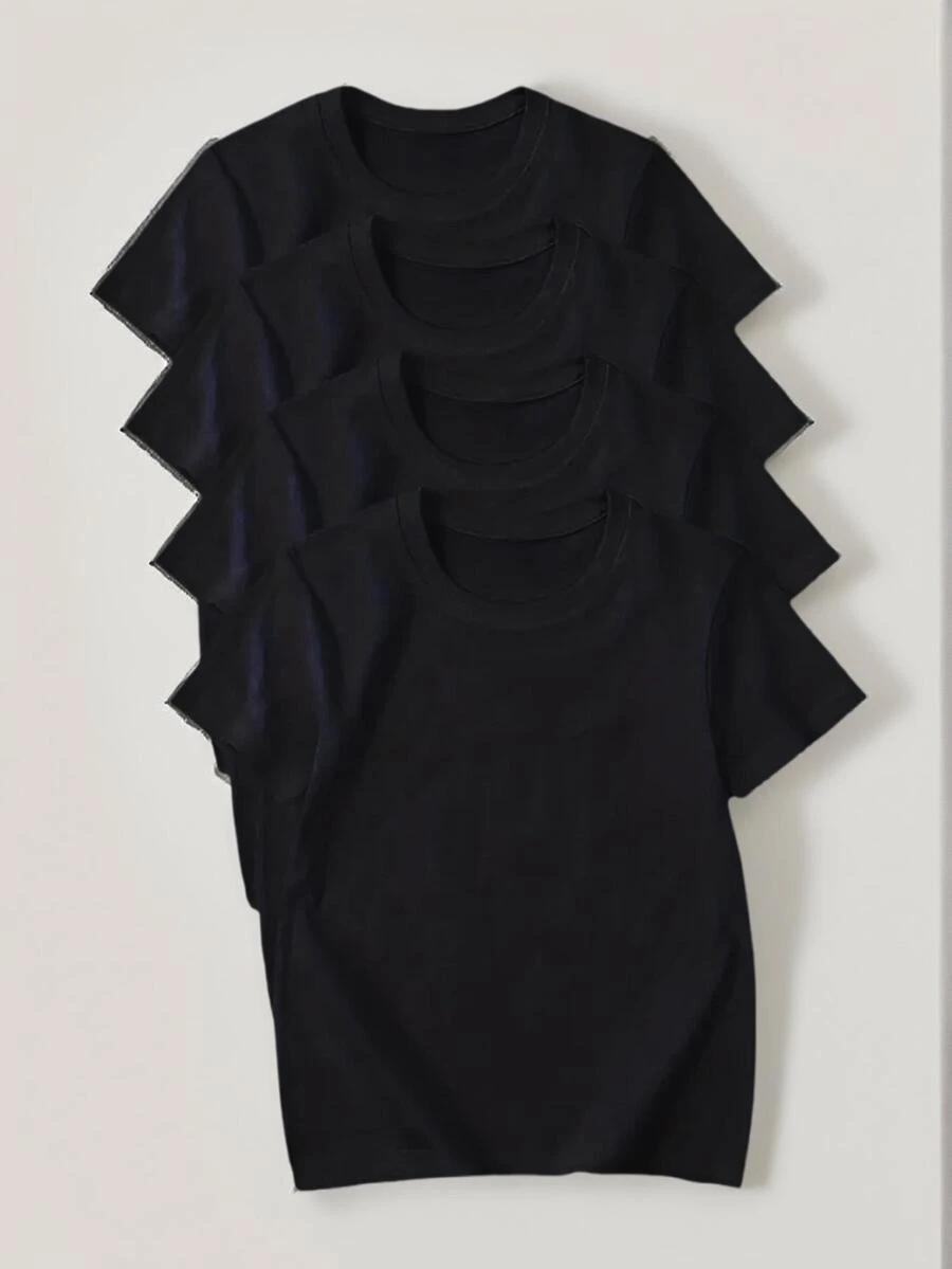 4件套男童及儿童纯白色圆领短袖T恤，柔软舒适，适合温暖天气穿着，儿童服装 - 黑色 - 查看 1