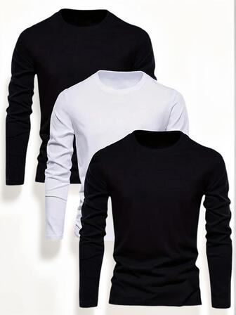 3 pièces/Ensemble T-shirt à manches longues à col rond imprimé pour jeune garçon et tenue d'étudiant de couleur unie pour l'automne/l'hiver - La série ultime de T-shirts pour les jeunes leaders