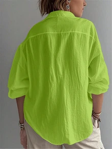 Áo sơ mi nữ màu trơn, tay dài, cổ bẻ, kiểu dáng thường ngày, cài cúc, thích hợp mặc mùa xuân. - màu xanh lá - Xem 3