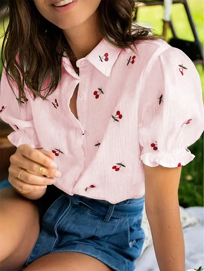Women's Unique Cherry Print White Shirt - Ruffle Sleeve, Asymmetric Hem, Short Sleeve Casual Outerwear For Spring/Summer, Weekend Wear, Casual Shirt | Ruffle Sleeve Top | Printed Shirt