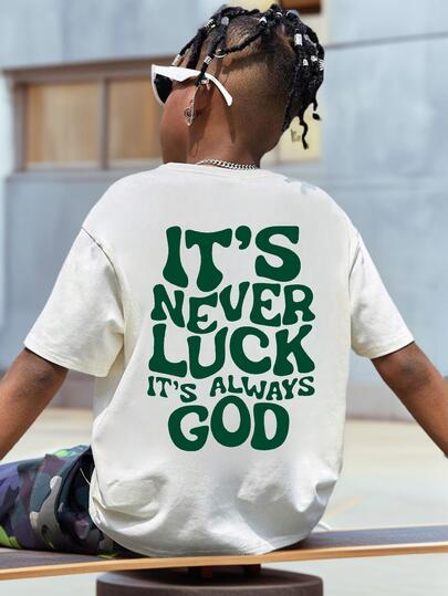 Boys' Casual Round Neck Printed Short Sleeve T-Shirt, Nature Themed, Suitable For Summer Student Wear, Showcasing The Style Of A Young Adventurer - "Nothing Is Luck, It's All God's Will" Children's Clothing Boys' Graphic Tee