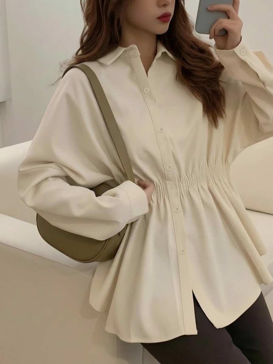 女士简约办公室时尚收腰长袖衬衫，女士大码休闲纯色收腰衬衫，女士秋季服装，休闲日常，纯色梭织面料前扣学院风秋冬 - 杏色 - 查看 1