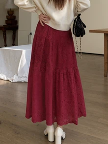 Japanese And South Korean Women School Clothes Skirt With White Hollow Jacquard Cake Skirt Half Skirt Female Four Seasons A-Word Long Skirt Y2k Clothes Women Fairy Super Sensen Tied Half Skirt Umbrella Skirt - Red - View 3