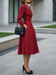 优雅女士深V领连衣裙，法式时尚风格，百搭欧式衬衫领连衣裙，修身学院风连衣裙，红色中长休闲连衣裙，适合办公室穿着 - 紅色 - 查看 2