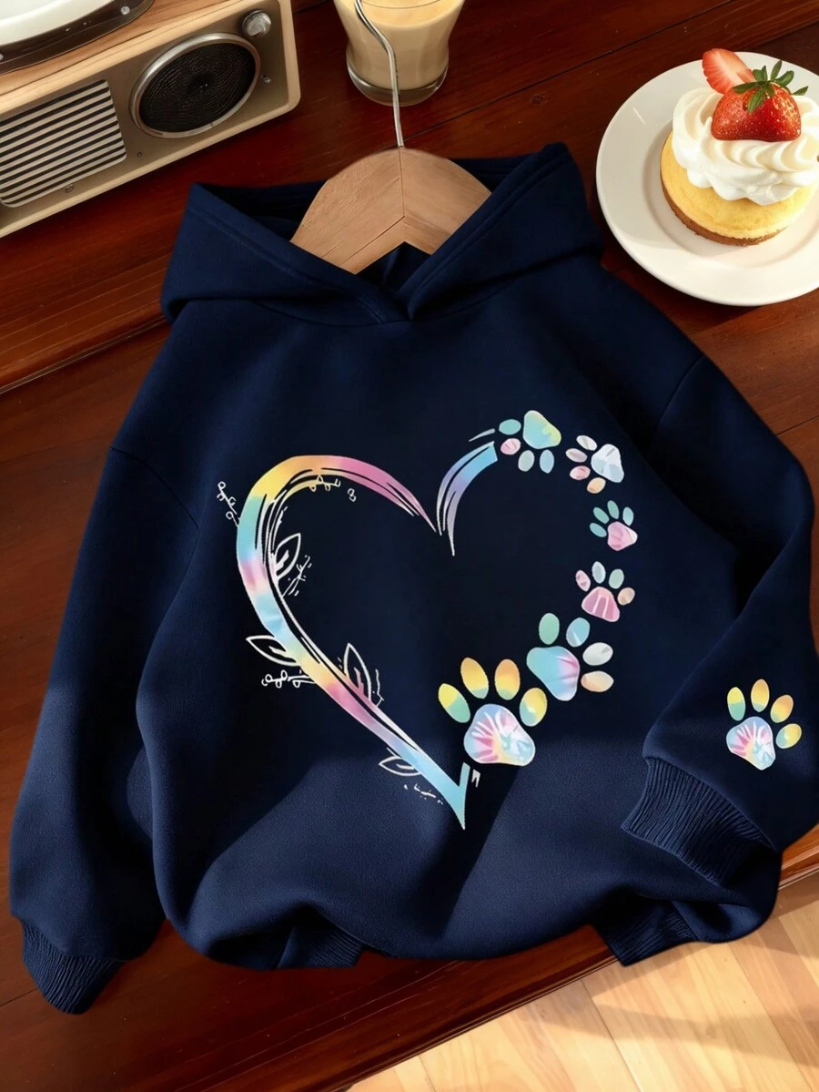 1件装少女保暖猫爪连帽卫衣，青少年学生服装，适合儿童秋冬季长袖上衣 - 藏蓝色 - 查看 1